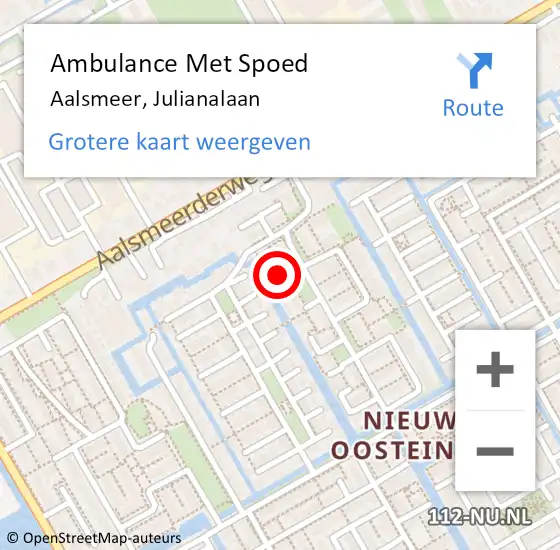 Locatie op kaart van de 112 melding: Ambulance Met Spoed Naar Aalsmeer, Julianalaan op 22 mei 2024 20:35