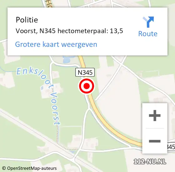 Locatie op kaart van de 112 melding: Politie Voorst, N345 hectometerpaal: 13,5 op 22 mei 2024 22:25
