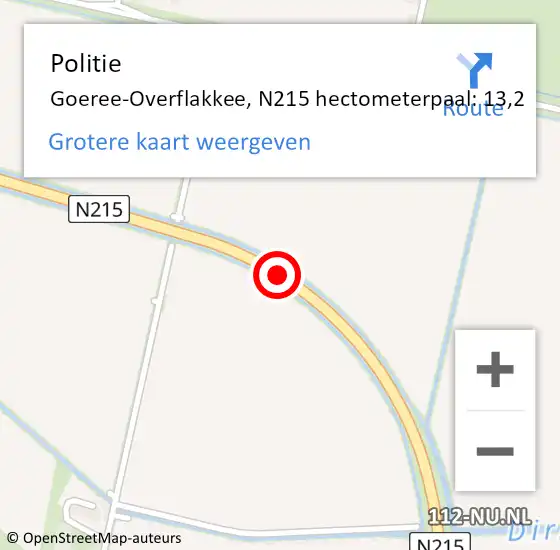 Locatie op kaart van de 112 melding: Politie Goeree-Overflakkee, N215 hectometerpaal: 13,2 op 23 mei 2024 07:41