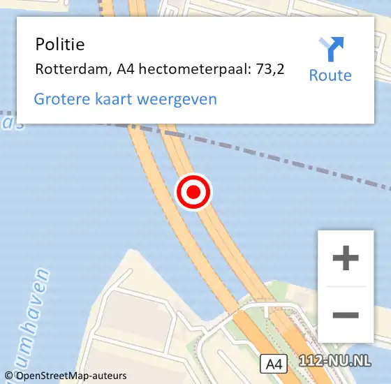 Locatie op kaart van de 112 melding: Politie Rotterdam, A4 hectometerpaal: 73,2 op 23 mei 2024 08:09