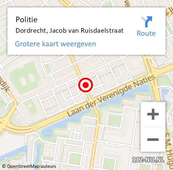 Locatie op kaart van de 112 melding: Politie Dordrecht, Jacob van Ruisdaelstraat op 23 mei 2024 08:25