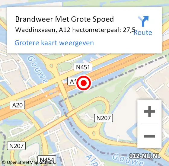 Locatie op kaart van de 112 melding: Brandweer Met Grote Spoed Naar Waddinxveen, A12 hectometerpaal: 27,5 op 23 mei 2024 09:08