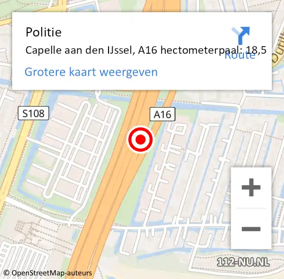 Locatie op kaart van de 112 melding: Politie Capelle aan den IJssel, A16 hectometerpaal: 18,5 op 23 mei 2024 09:16