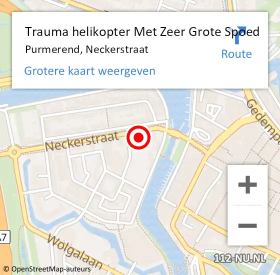 Locatie op kaart van de 112 melding: Trauma helikopter Met Zeer Grote Spoed Naar Purmerend, Neckerstraat op 23 mei 2024 10:44