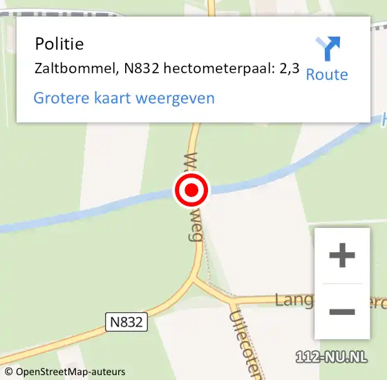 Locatie op kaart van de 112 melding: Politie Zaltbommel, N832 hectometerpaal: 2,3 op 23 mei 2024 11:31