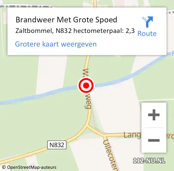Locatie op kaart van de 112 melding: Brandweer Met Grote Spoed Naar Zaltbommel, N832 hectometerpaal: 2,3 op 23 mei 2024 11:31