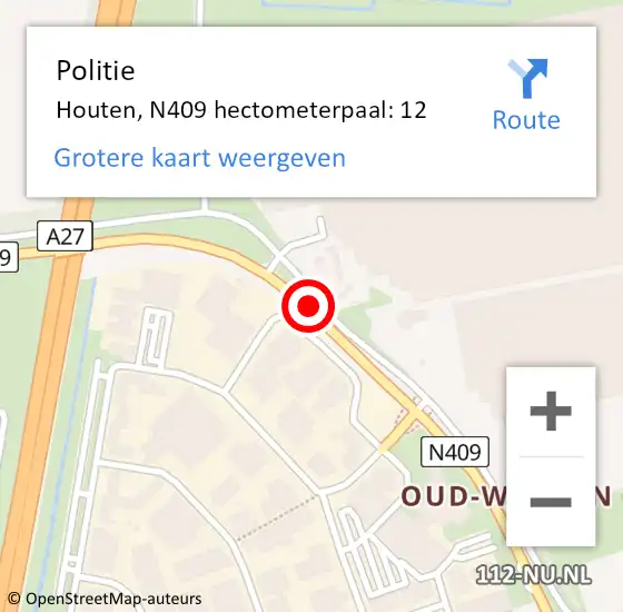 Locatie op kaart van de 112 melding: Politie Houten, N409 hectometerpaal: 12 op 23 mei 2024 12:00