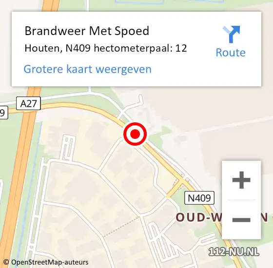 Locatie op kaart van de 112 melding: Brandweer Met Spoed Naar Houten, N409 hectometerpaal: 12 op 23 mei 2024 12:08