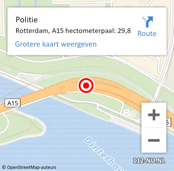Locatie op kaart van de 112 melding: Politie Rotterdam, A15 hectometerpaal: 29,8 op 23 mei 2024 12:37