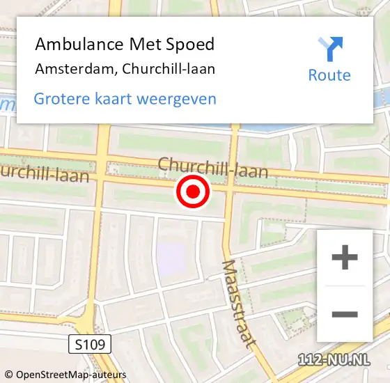 Locatie op kaart van de 112 melding: Ambulance Met Spoed Naar Amsterdam, Churchill-laan op 23 mei 2024 13:07