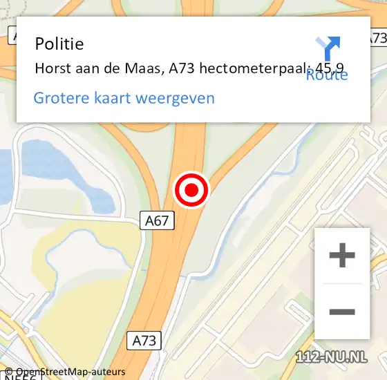Locatie op kaart van de 112 melding: Politie Horst aan de Maas, A73 hectometerpaal: 45,9 op 23 mei 2024 13:10