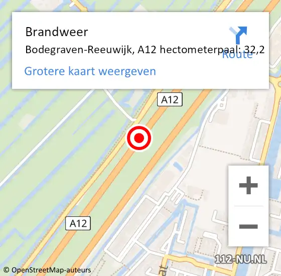 Locatie op kaart van de 112 melding: Brandweer Bodegraven-Reeuwijk, A12 hectometerpaal: 32,2 op 23 mei 2024 13:34