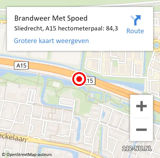 Locatie op kaart van de 112 melding: Brandweer Met Spoed Naar Sliedrecht, A15 hectometerpaal: 84,3 op 23 mei 2024 14:14