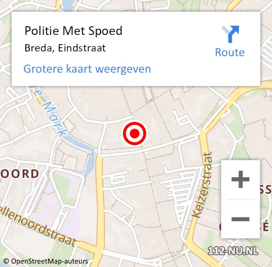 Locatie op kaart van de 112 melding: Politie Met Spoed Naar Breda, Eindstraat op 23 mei 2024 14:14
