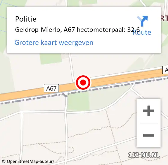 Locatie op kaart van de 112 melding: Politie Geldrop-Mierlo, A67 hectometerpaal: 32,6 op 23 mei 2024 14:40