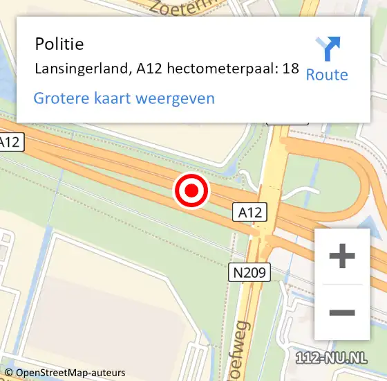 Locatie op kaart van de 112 melding: Politie Lansingerland, A12 hectometerpaal: 18 op 23 mei 2024 15:21