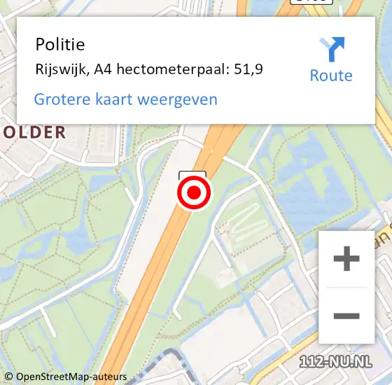 Locatie op kaart van de 112 melding: Politie Rijswijk, A4 hectometerpaal: 51,9 op 23 mei 2024 15:49