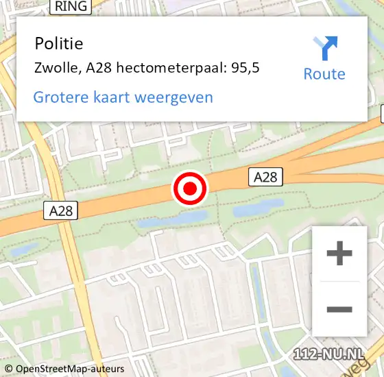 Locatie op kaart van de 112 melding: Politie Zwolle, A28 hectometerpaal: 95,5 op 23 mei 2024 15:54