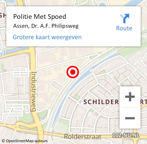 Locatie op kaart van de 112 melding: Politie Met Spoed Naar Assen, Dr. A.F. Philipsweg op 23 mei 2024 16:30