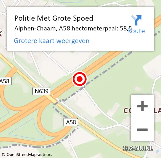 Locatie op kaart van de 112 melding: Politie Met Grote Spoed Naar Breda, A58 hectometerpaal: 58,5 op 23 mei 2024 16:40