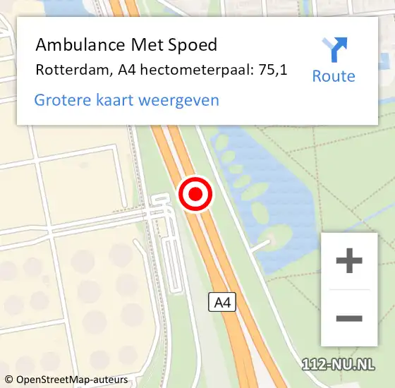 Locatie op kaart van de 112 melding: Ambulance Met Spoed Naar Rotterdam, A4 hectometerpaal: 75,1 op 23 mei 2024 16:50