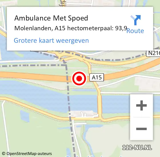 Locatie op kaart van de 112 melding: Ambulance Met Spoed Naar Molenlanden, A15 hectometerpaal: 93,9 op 23 mei 2024 16:51