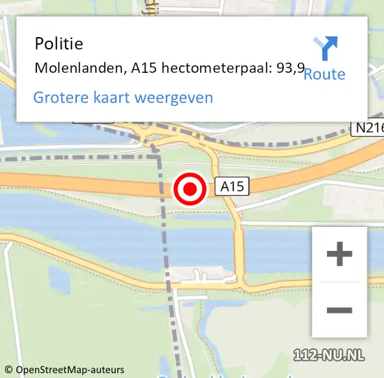 Locatie op kaart van de 112 melding: Politie Molenlanden, A15 hectometerpaal: 93,9 op 23 mei 2024 16:51