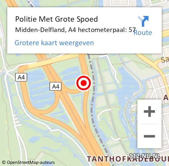 Locatie op kaart van de 112 melding: Politie Met Grote Spoed Naar Midden-Delfland, A4 hectometerpaal: 57 op 23 mei 2024 16:52