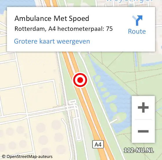 Locatie op kaart van de 112 melding: Ambulance Met Spoed Naar Rotterdam, A4 hectometerpaal: 75 op 23 mei 2024 16:55