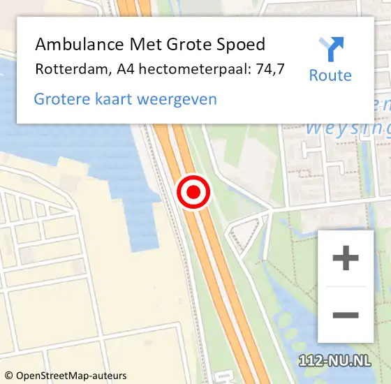 Locatie op kaart van de 112 melding: Ambulance Met Grote Spoed Naar Rotterdam, A4 hectometerpaal: 74,7 op 23 mei 2024 16:59