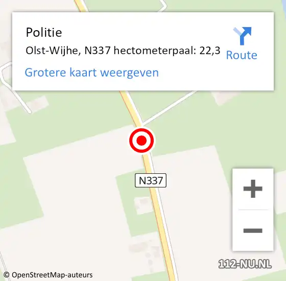 Locatie op kaart van de 112 melding: Politie Olst-Wijhe, N337 hectometerpaal: 22,3 op 23 mei 2024 16:59