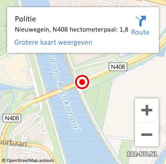 Locatie op kaart van de 112 melding: Politie Nieuwegein, N408 hectometerpaal: 1,8 op 23 mei 2024 18:02