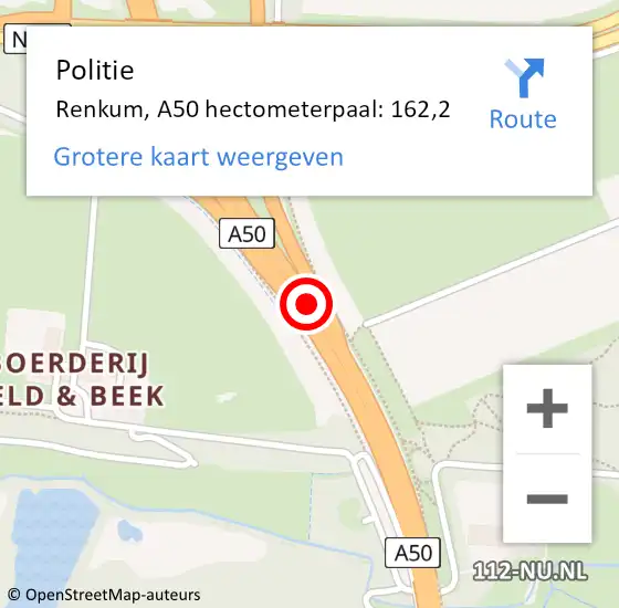 Locatie op kaart van de 112 melding: Politie Renkum, A50 hectometerpaal: 162,2 op 23 mei 2024 18:04
