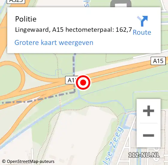 Locatie op kaart van de 112 melding: Politie Lingewaard, A15 hectometerpaal: 162,7 op 23 mei 2024 18:05