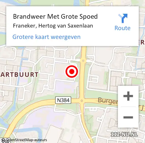 Locatie op kaart van de 112 melding: Brandweer Met Grote Spoed Naar Franeker, Hertog van Saxenlaan op 23 mei 2024 19:04