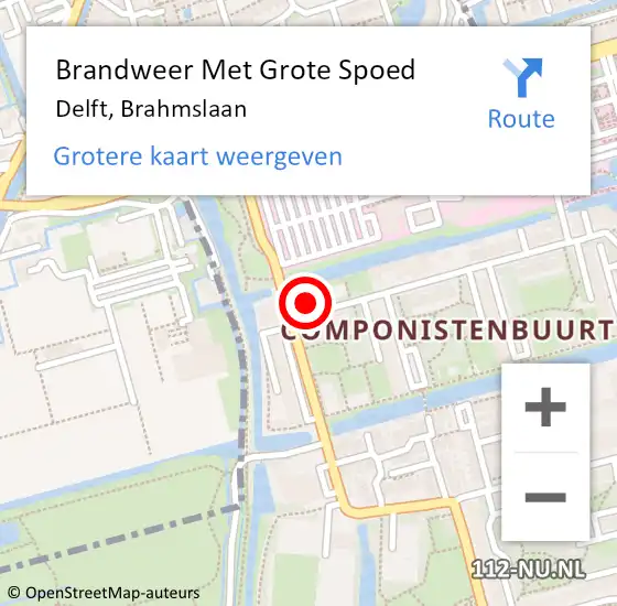 Locatie op kaart van de 112 melding: Brandweer Met Grote Spoed Naar Delft, Brahmslaan op 23 mei 2024 19:34