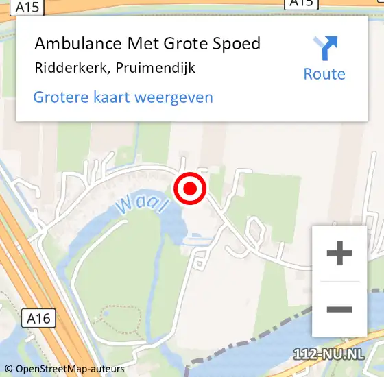 Locatie op kaart van de 112 melding: Ambulance Met Grote Spoed Naar Ridderkerk, Pruimendijk op 23 mei 2024 21:45