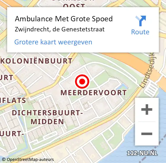 Locatie op kaart van de 112 melding: Ambulance Met Grote Spoed Naar Zwijndrecht, de Genestetstraat op 23 mei 2024 21:49