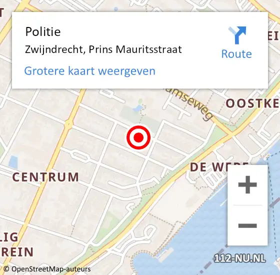 Locatie op kaart van de 112 melding: Politie Zwijndrecht, Prins Mauritsstraat op 23 mei 2024 22:20