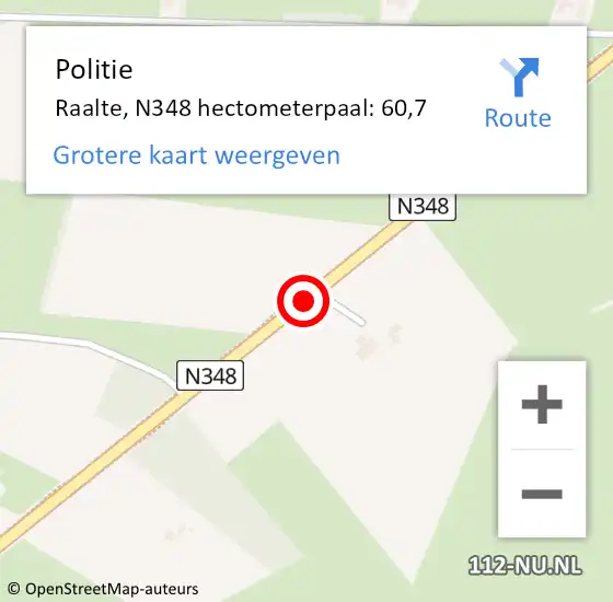 Locatie op kaart van de 112 melding: Politie Raalte, N348 hectometerpaal: 60,7 op 23 mei 2024 22:23