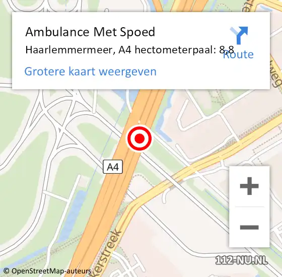 Locatie op kaart van de 112 melding: Ambulance Met Spoed Naar Haarlemmermeer, A4 hectometerpaal: 8,8 op 23 mei 2024 23:12