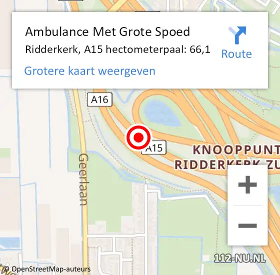 Locatie op kaart van de 112 melding: Ambulance Met Grote Spoed Naar Ridderkerk, A15 hectometerpaal: 66,1 op 24 mei 2024 03:15