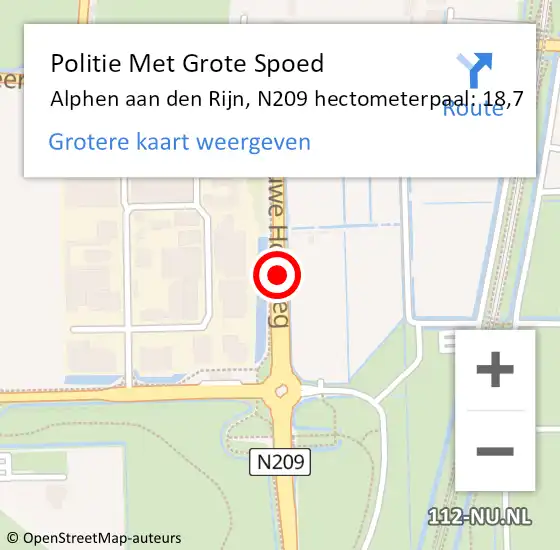 Locatie op kaart van de 112 melding: Politie Met Grote Spoed Naar Alphen aan den Rijn, N209 hectometerpaal: 18,7 op 24 mei 2024 06:33