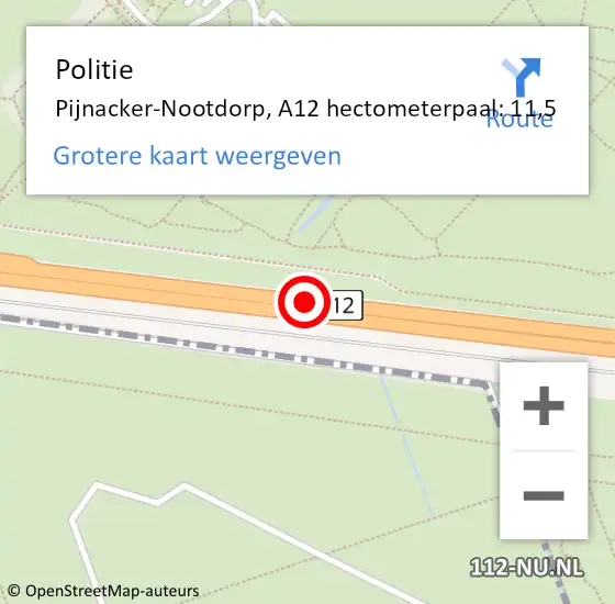 Locatie op kaart van de 112 melding: Politie Pijnacker-Nootdorp, A12 hectometerpaal: 11,5 op 24 mei 2024 06:50