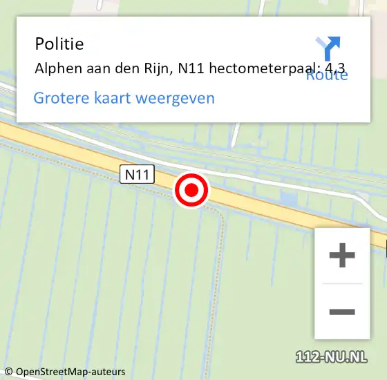 Locatie op kaart van de 112 melding: Politie Alphen aan den Rijn, N11 hectometerpaal: 4,3 op 24 mei 2024 07:07
