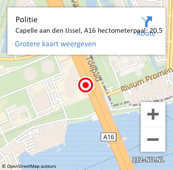 Locatie op kaart van de 112 melding: Politie Capelle aan den IJssel, A16 hectometerpaal: 20,5 op 24 mei 2024 09:38