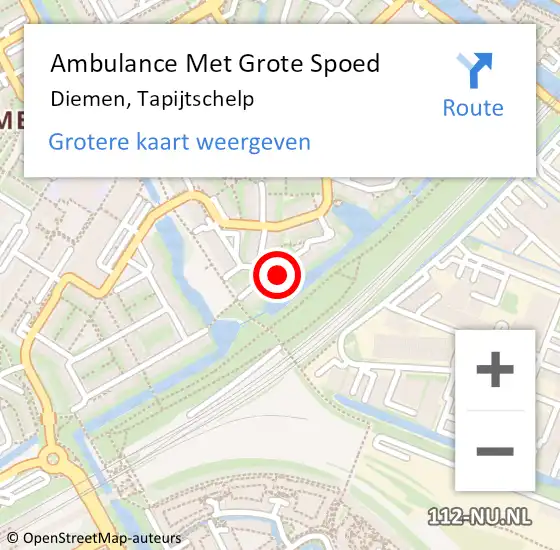 Locatie op kaart van de 112 melding: Ambulance Met Grote Spoed Naar Diemen, Tapijtschelp op 24 mei 2024 10:24