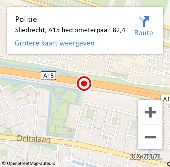 Locatie op kaart van de 112 melding: Politie Sliedrecht, A15 hectometerpaal: 82,4 op 24 mei 2024 11:02