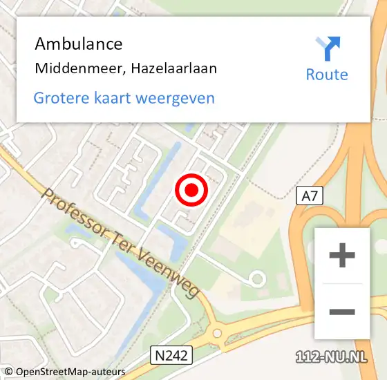 Locatie op kaart van de 112 melding: Ambulance Middenmeer, Hazelaarlaan op 24 mei 2024 11:03