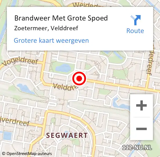 Locatie op kaart van de 112 melding: Brandweer Met Grote Spoed Naar Zoetermeer, Velddreef op 24 mei 2024 13:47